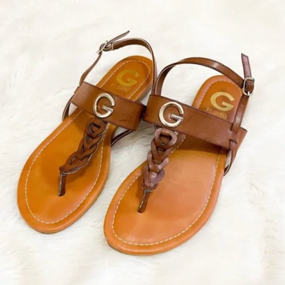 Guess Size 9 Braided Thong Strap Sandal Brown and Gold Logo Vacation Everyday